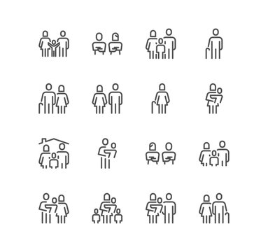 Set of family related icons, adult, pension, family home, grandmother and linear variety vectors.