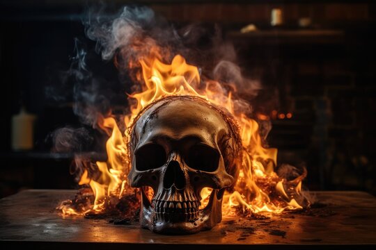 horrific cinematic scene of a burning human skull in flames on wooden table. spooky halloween theme. 