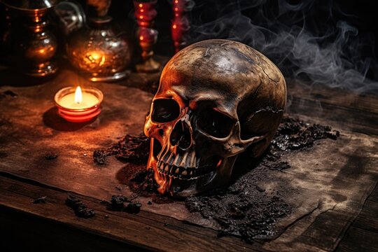 Cinematic horrific scene of a human skull on vintage wooden table. Spooky halloween theme.