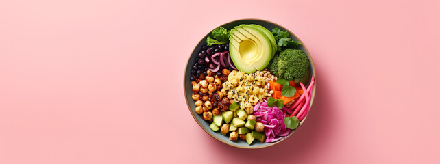 Vegan Buddha or poke bowl salad with buckwheat, vegetables and seeds on pink background