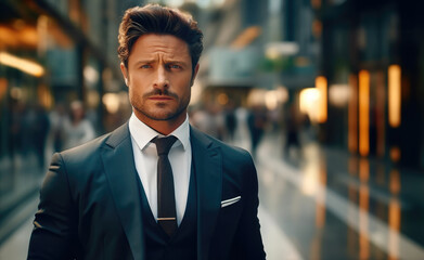 Portrait of a handsome businessman standing on street in the city.