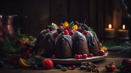 christmas chocolate bundt cake decorated wit berries on wooden table