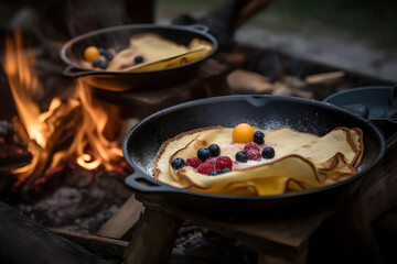 Campfire Crepes, fresh crepes cooked over the campfire, dessert during a winter brunch