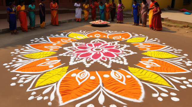 Bright and colorful Indian traditional rangoli decoration near Hindu temple India