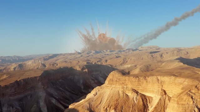 Asteroid impact desert mountain, aerial view

Drone view over massive meteor strike in the desert, 2023

