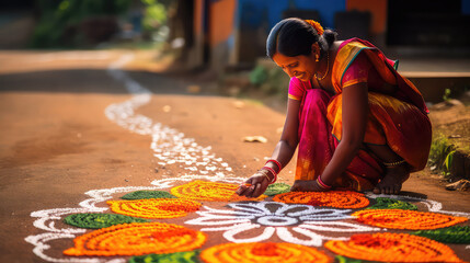 Beautiful Indian woman traditionally dressed making rangoli from flowers near the house in India - obrazy, fototapety, plakaty