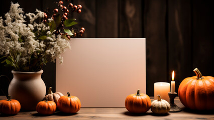 A blank Halloween card still life with pumpkins, candles and flowers on wooden background. Halloween concept.