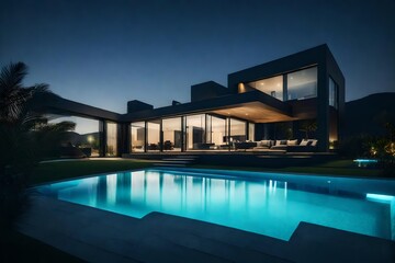 Modern house with ambiental lights, near a sea, futuristic pool, dark - AI Generative