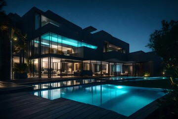 Obraz premium Modern house with ambiental lights, near a sea, futuristic pool, dark - AI Generative