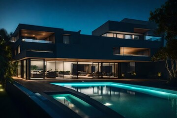 Fototapeta na wymiar Modern house with ambiental lights, near a sea, futuristic pool, dark - AI Generative
