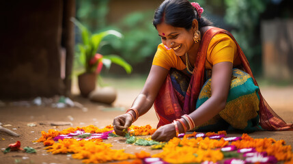 Beautiful Indian woman traditionally dressed making rangoli from flowers near the house in India