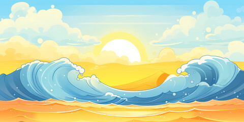 Fototapeta na wymiar Playful Ocean Wave in Cartoon Style. Sun ocean wave blue clouds happy splash. Banner Header Travel Graphic Resource as background sunny ocean wave splashing water. Generative AI