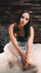 Female stress. Toxic relationship. Protection safety. Hurt exhausted woman in plastic film wrap...