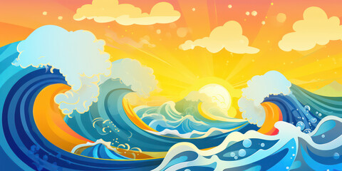 Fototapeta na wymiar Playful Ocean Wave in Cartoon Style. Sun ocean wave blue clouds happy splash. Banner Header Travel Graphic Resource as background sunny ocean wave splashing water. Generative AI
