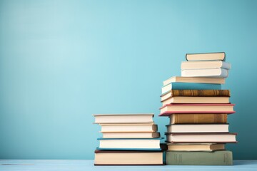 stack of books on light background wall. 