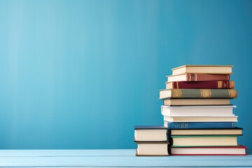 stack of books on light background wall. 