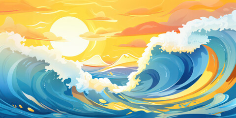 Playful Ocean Wave in Cartoon Style. Sun ocean wave blue clouds happy splash. Banner Header Travel Graphic Resource as background sunny ocean wave splashing water. Generative AI