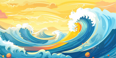 Fototapeta na wymiar Playful Ocean Wave in Cartoon Style. Sun ocean wave blue clouds happy splash. Banner Header Travel Graphic Resource as background sunny ocean wave splashing water. Generative AI
