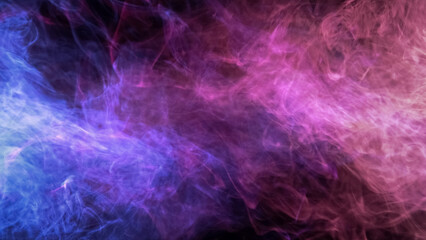 Color vapor. Smoke texture. Galaxy nebula energy. Neon pink blue glowing mist cloud on dark black free space abstract background.