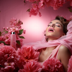 Beauty and Care Rituals: Elegant Woman Among Pink Flowers, Hydrated Lips - Cosmetic Details and Feminine Wellbeing. generative AI,