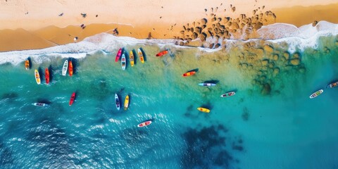 Colorful boats on a tropical beach. View from above.