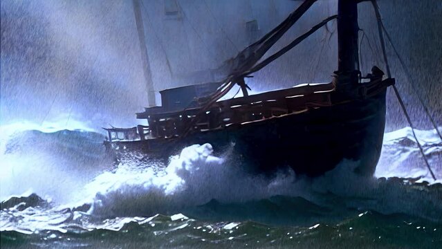 A pirate ship sailing in a stormy sea with rain.
Stormy sea with lightning and rain, 3d rendering, 2023
