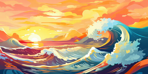 Playful Ocean Wave in Cartoon Style. Sun ocean wave blue clouds happy splash. Banner Header Travel Graphic Resource as background sunny ocean wave splashing water. Generative AI