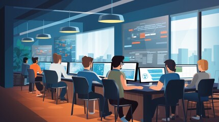 Fototapeta premium A scene showcasing a team of software developers coding, collaborating, and testing applications in a modern development environment 