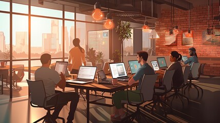 A scene showcasing a team of software developers coding, collaborating, and testing applications in a modern development environment	
