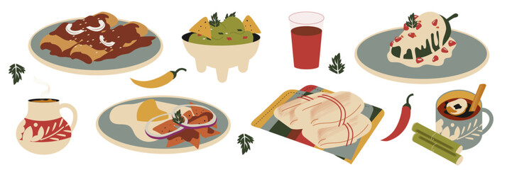 México iconos Cinco de mayo vector, cocina mexicana, comida tradicional mexicana autentica,. guacamole, tamal, chile relleno en nogada, chilaquiles, tortilla, ponche, café de olla