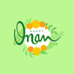 India, Kerala Festival Onam english lettering with realistic flower and leaves