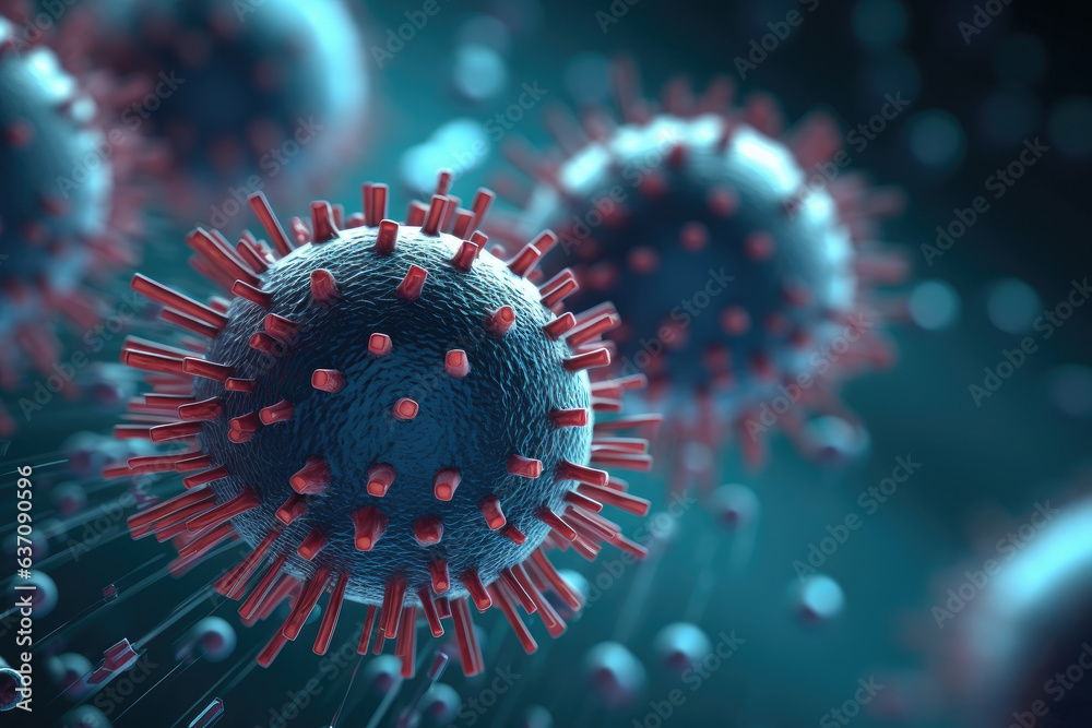 Poster Closeup of viral particle and microscopic view of floating while experimenting for immunity against diseases on abstract background