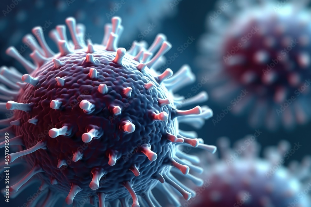 Poster Closeup of viral particle and microscopic view of floating while experimenting for immunity against diseases on abstract background