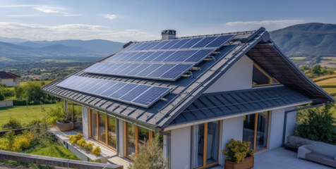 Obraz premium High angle shot of house situated in a valley with solar panels on the roof.
