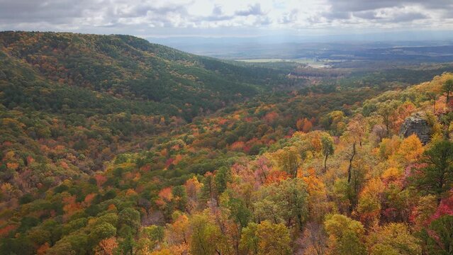 Scenic Mountain view during autumn in Arkansas Ozark country with fall forest via drone aerial 
