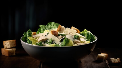 Classic Caesar salad with chicken, iceberg salad, croutons, parmesan cheese and caesar dressing. Black table background, top view. - obrazy, fototapety, plakaty