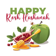 Rosh Hashanah greeting card. Pomegranate fruit with leaves, green apple, bee on a white background.