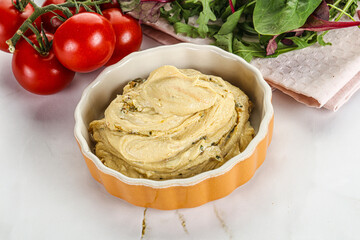 Creamy hummus in the bowl