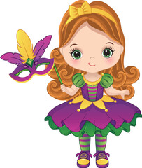 Vector Cartoon Mardi Gras Girl with Feather Mask