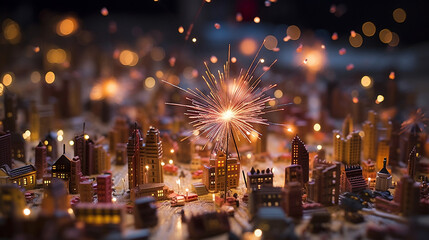 Obraz premium Miniature Firework Display in Crafted Cityscape, Christmas, New Year, 4th of July - Generative AI
