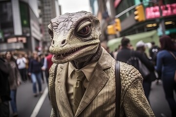 Fototapeta premium Urban Reptilian - Reptile Dressed in City Attire on City Street