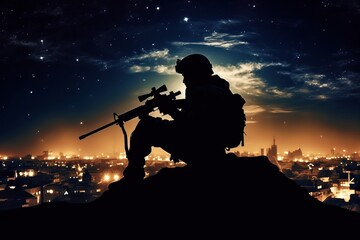 Fototapeta na wymiar Sniper's Silhouette - Armed Figure Observing City in Evening Light
