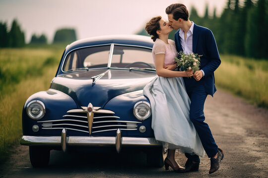 Vintage Car Affection - Young Couple Embraces by Classic Car on Road - Powered by Adobe