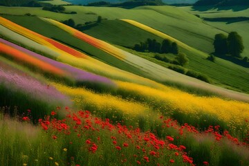 Picturesque countryside with fields of blooming wildflowers in various colors - AI Generative
