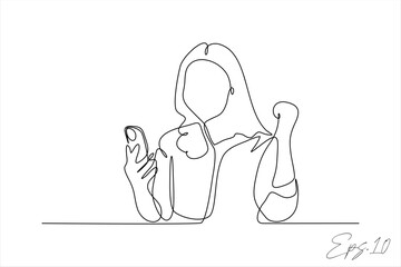 continuous line vector illustration of woman holding a cell phone