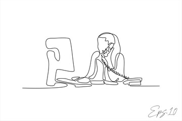 continuous line vector illustration of a service operator calling a customer sitting in front of a computer
