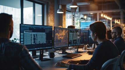 A scene showcasing a team of software developers coding, collaborating, and testing applications in a modern development environment