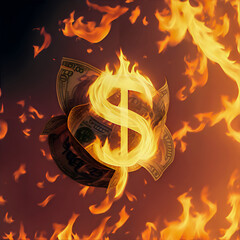 image is generated with the use of an AI depicting a dollar sign on fire due to economic inflation