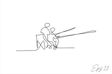 continuous line vector illustration of a person fishing