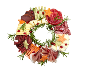 Appetizers boards with assorted cheese, meat, grape and nuts. Charcuterie and cheese platter. Top view on transparent background. Christmas wreath